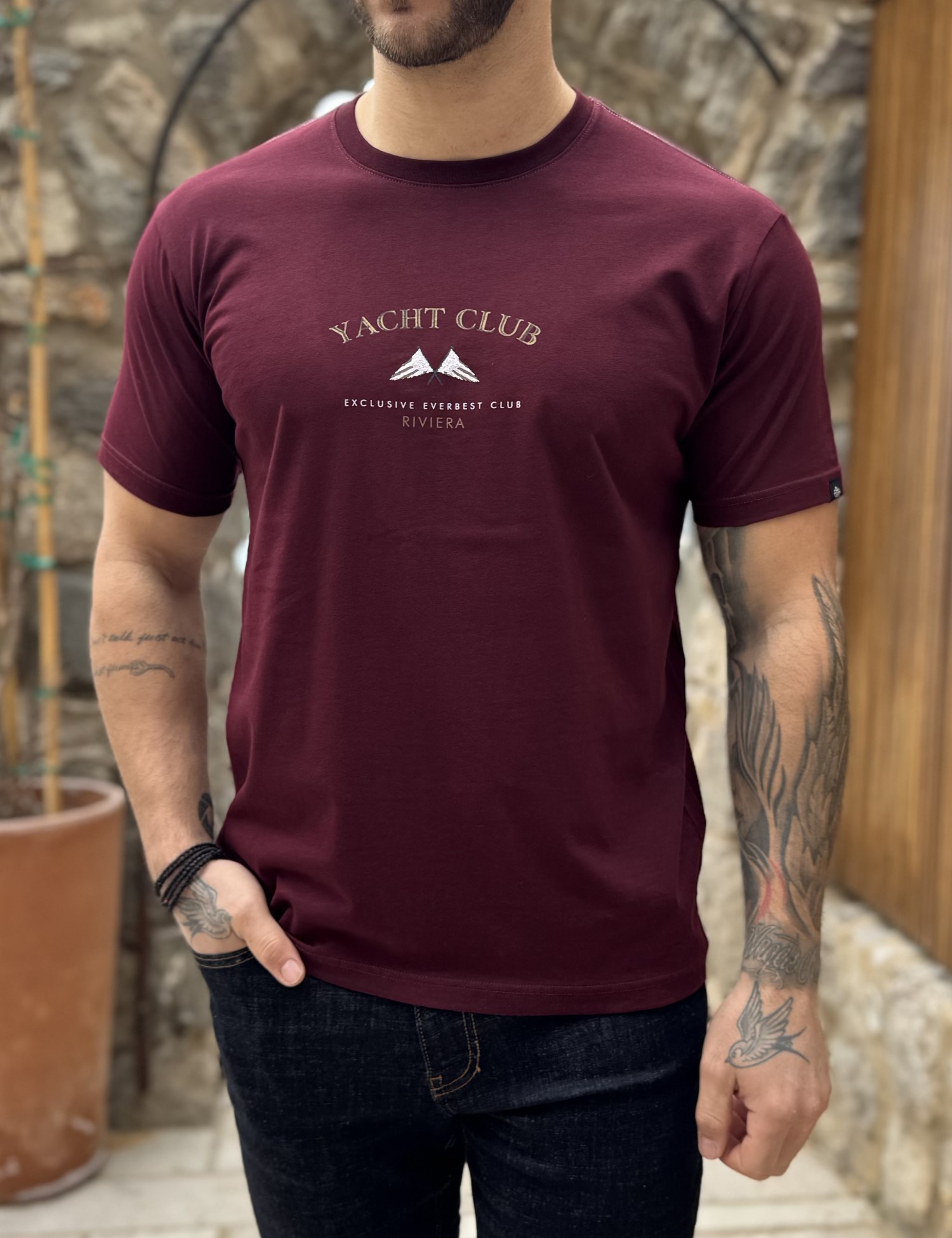 Everbest ανδρική μπορντό κοντομάνικη μπλούζα με τύπωμα Plus Size 262804B